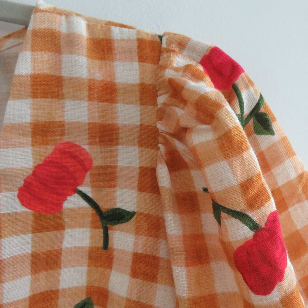 FARM Rio Orange Gingham Cherry Print Puff Sleeve Dress - Picture 3 of 16